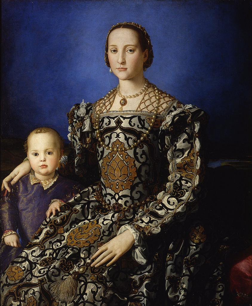 Painting of seated 16th century European noblewoman in fine dress and jewellery with and a child aged approximately 3 years old.