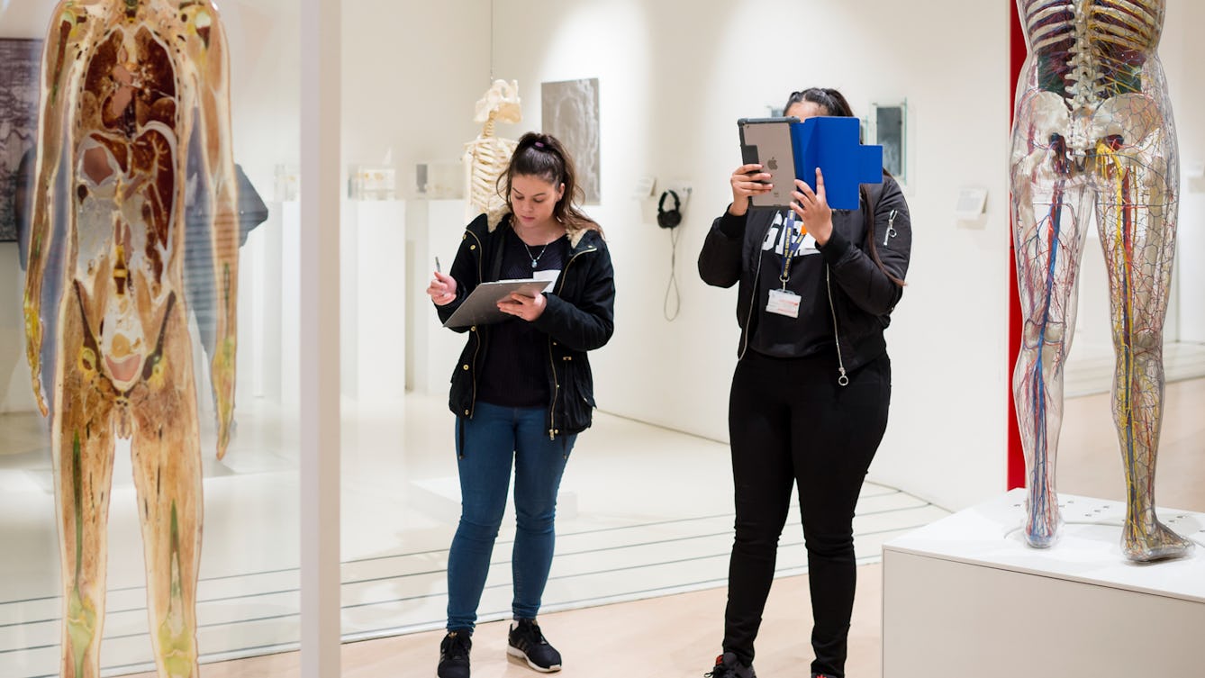Photograph of two young students exploring the Medicine Now gallery at Wellcome Collection.