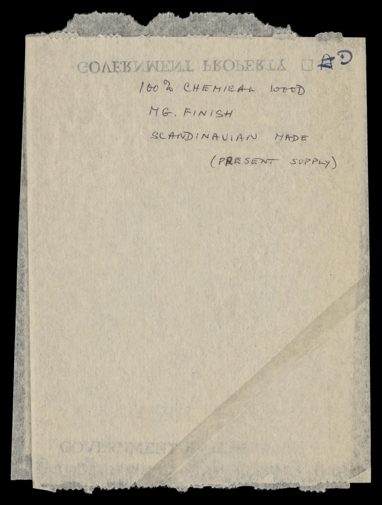Photograph of a toilet paper sample sheet, bearing the hand written words "100% chemical wood, MG. Finish, Scandinavian made (present made)".