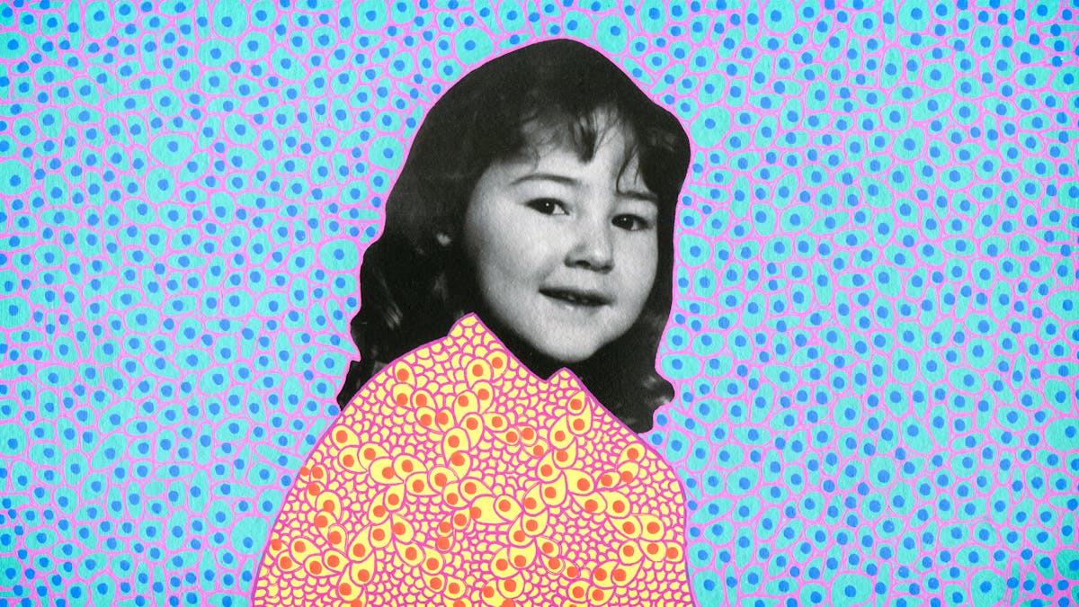 Artwork created by painting over the surface of a black and white photographic print with colourful paint. The artwork shows the original head of a young girl from the photograph beneath. The girl is pictured from the chest up and is smiling to the camera. Apart from her head and face, the rest of the image is a painted cyan background covered in small blue dots and purple lines forming cell like structures around the blue dots. The girl's clothes are painted differently, with a yellow background, covered in orange dots, surrounded by loops of purple lines, arranged almost like scales or feathers.