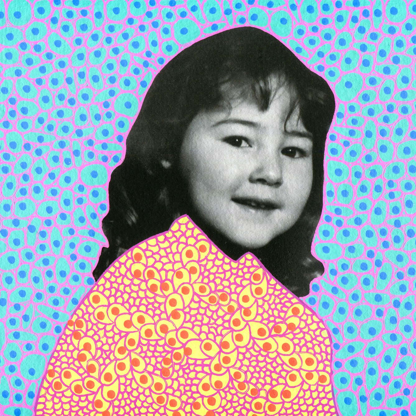 Artwork created by painting over the surface of a black and white photographic print with colourful paint. The artwork shows the original head of a young girl from the photograph beneath. The girl is pictured from the chest up and is smiling to the camera. Apart from her head and face, the rest of the image is a painted cyan background covered in small blue dots and purple lines forming cell like structures around the blue dots. The girl's clothes are painted differently, with a yellow background, covered in orange dots, surrounded by loops of purple lines, arranged almost like scales or feathers.