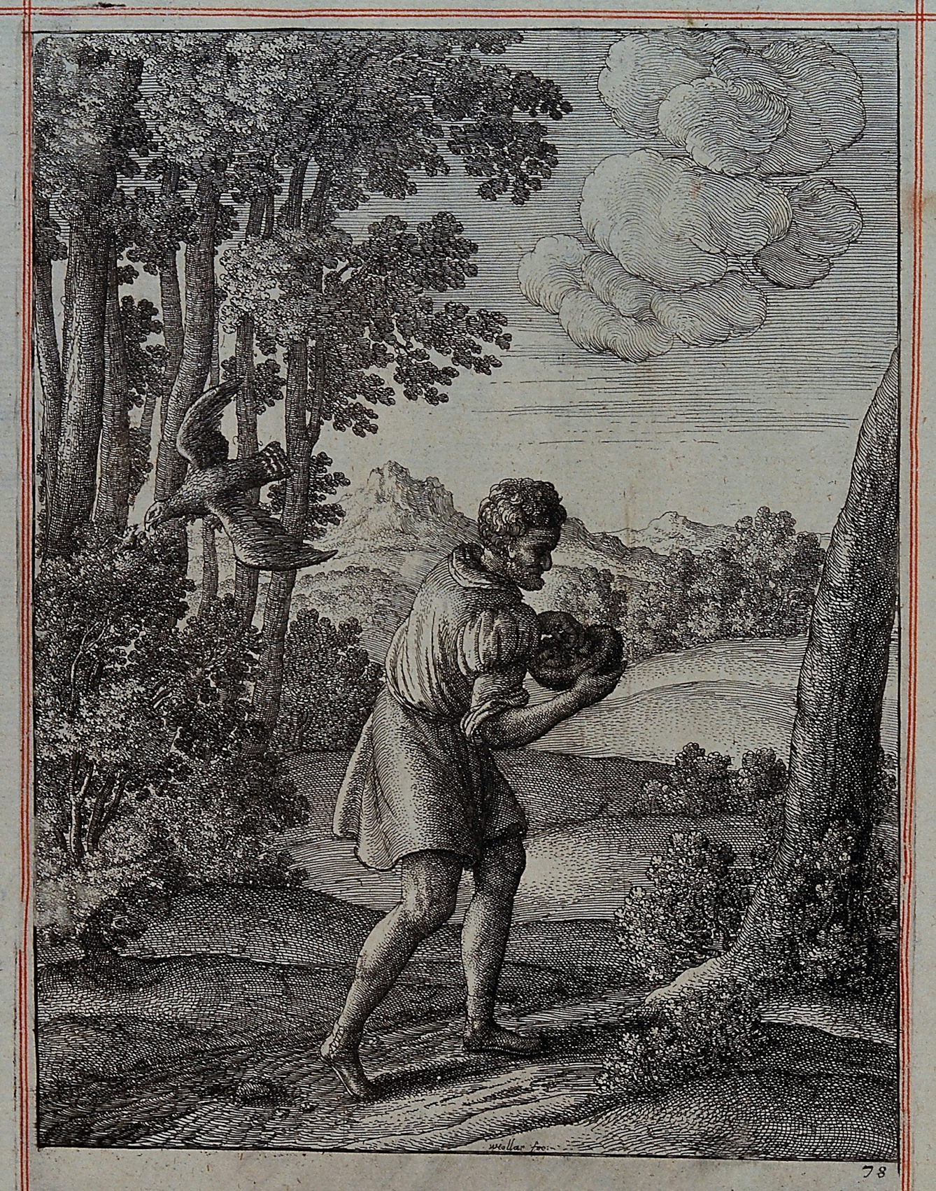 Etching showing a peasant carrying the nest of a nightingale, which is is sitting on a bush and is about to be swooped by a hawk