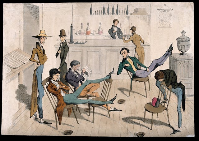 A colour illustration showing the inside of a men