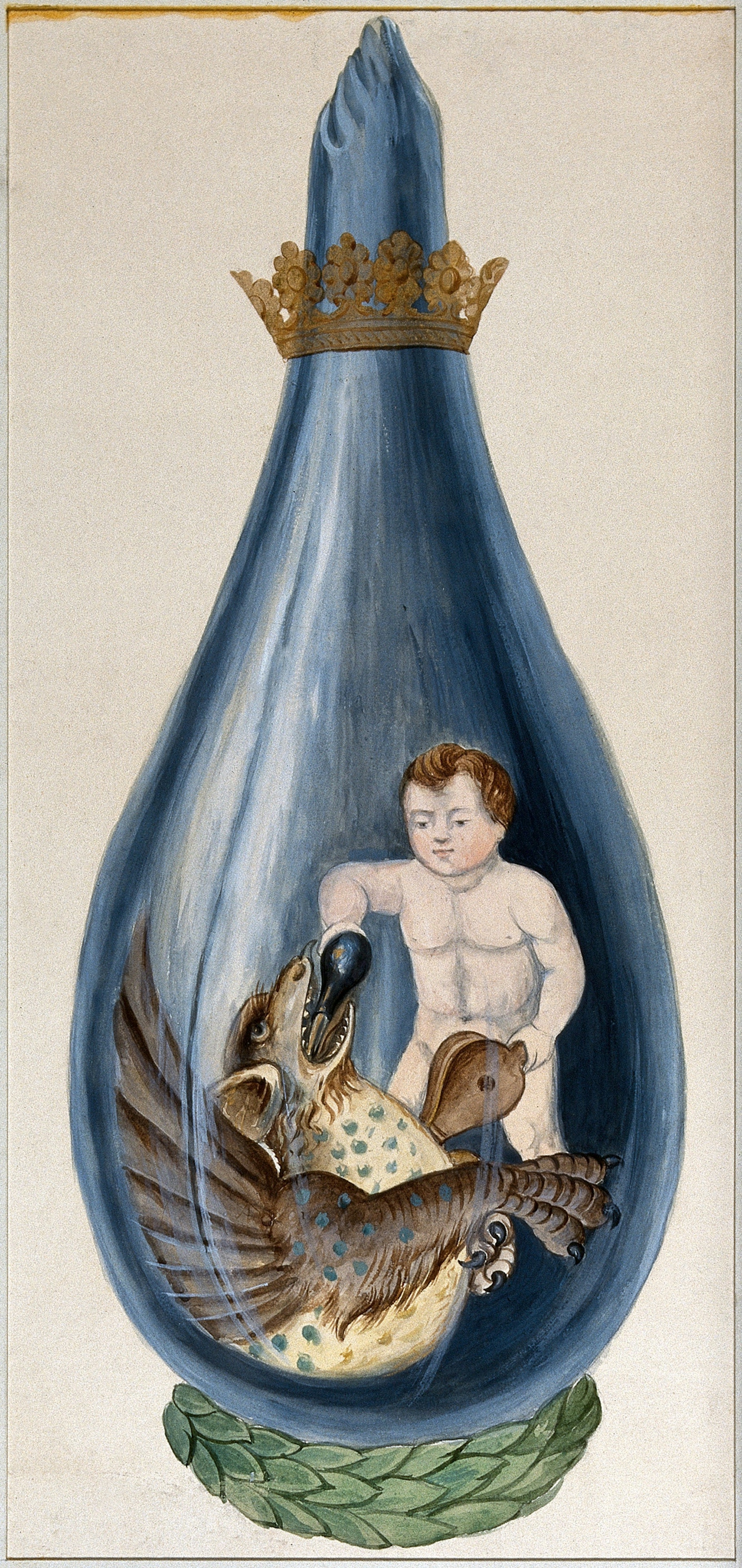 Depicted inside a glass bottle with a crown at the top, a putto pours a phial into a dragon's mouth, pumping a bellows with his other hand.