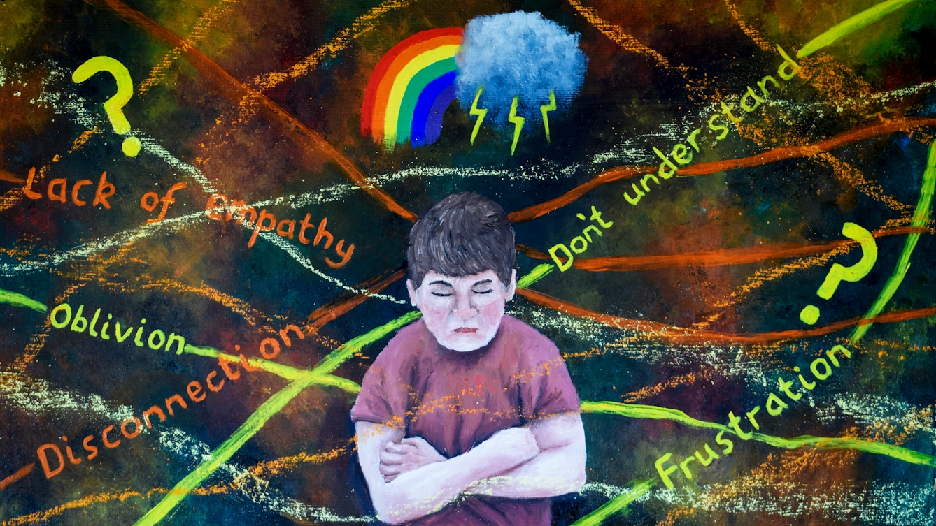 Oil painting showing the upper body of a young boy wearing a light red t-shirt. All around him, against a black background, are floating words such as 'lack of empathy', 'don't understand', 'oblivion', 'disconnection' and 'frustration'. He has his arms crossed and eyes closed. Above his head is a rainbow and a cloud with three lightening bolts emerging.