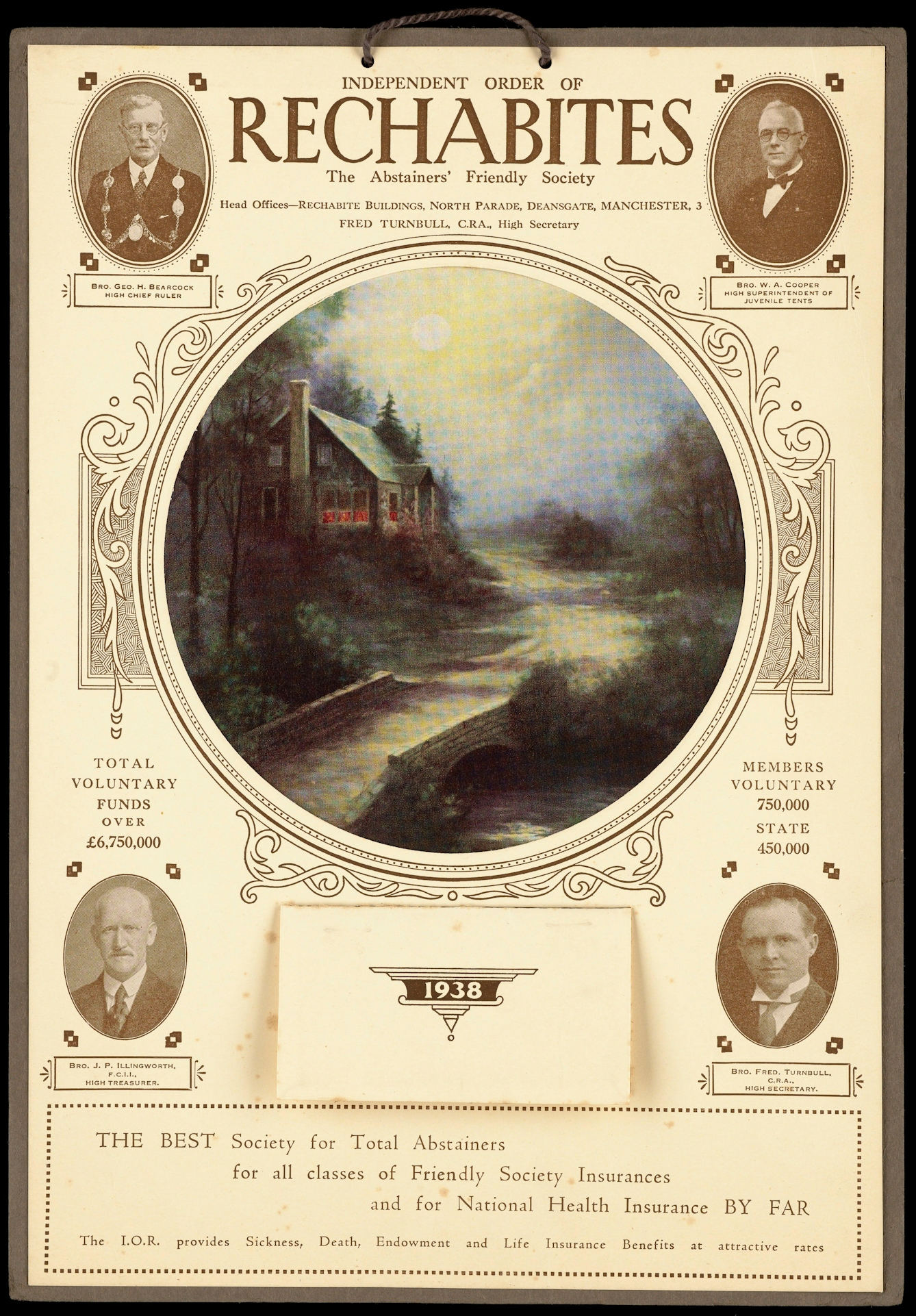 Digitised coloured photograph of the front page of a calendar. Text at the center-top reads 'Independent Order of Rechabites: The Abstainer's Friendly Society. In the middle is a painting of a house in the moonlight. Under the painting is a label that reads '1938'. Under the label is some text that reads 'The best society for total abstainers for all classes of Friendly Society Insurances and for National Health Insurance by far'. Surrounding the painting are photo portraits of four men. Each man has a different occupational title. 