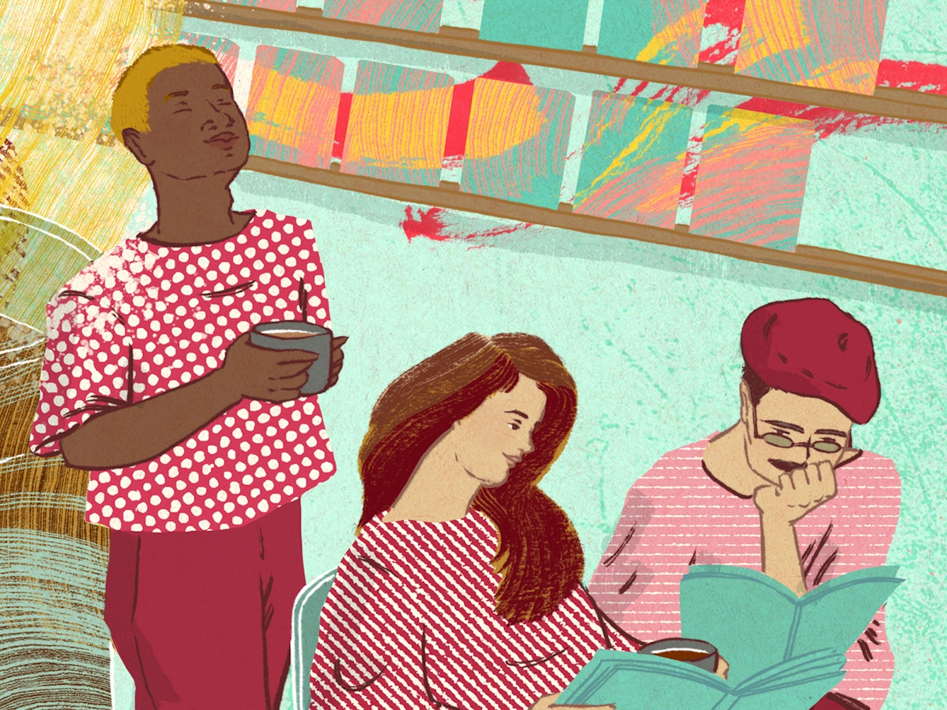 A digital illustration of people in a café. One person is relaxing by themselves while two others are in conversation while holding books. One of them has long dark hair while the other is wearing a red beret, round glasses and has a moustache. Behind are are shelves of colourful books and artworks.