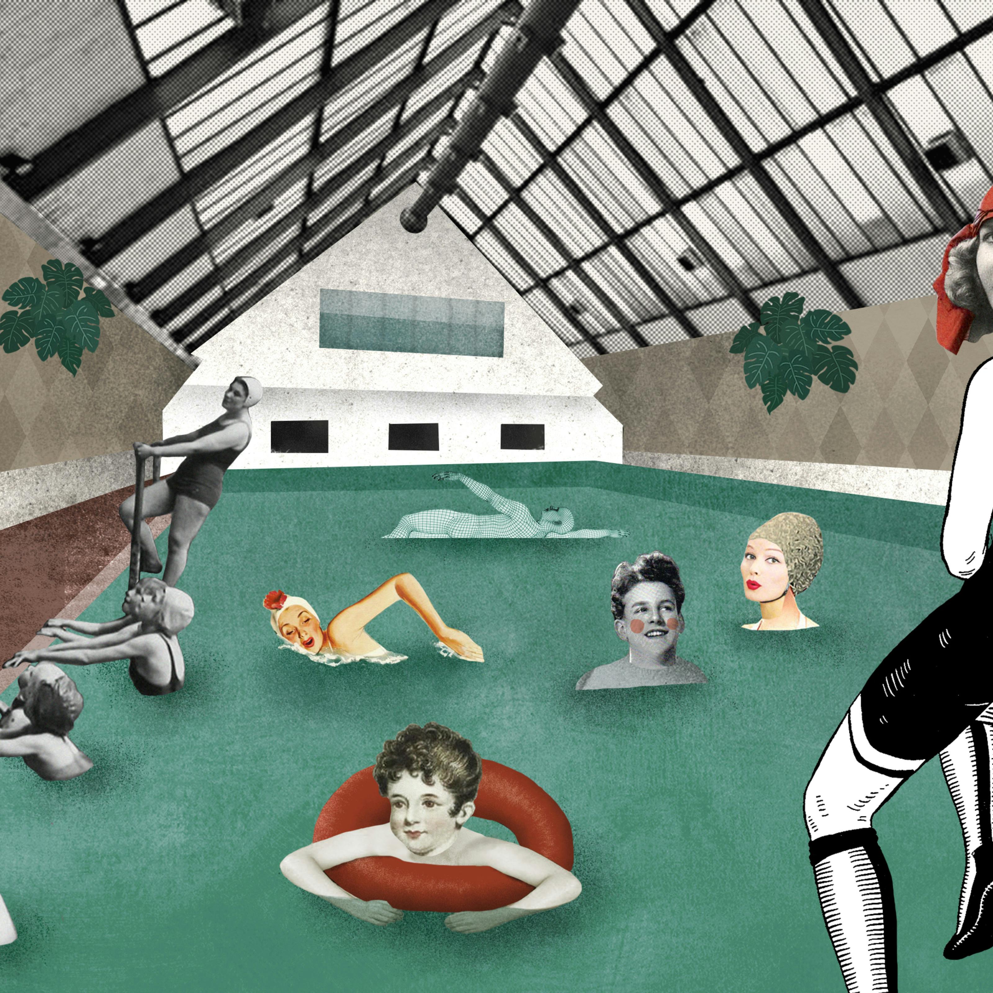 Collage illustration showing the Peckham Health centre. People standing and sitting on the site of the indoor pool and swimming in it.