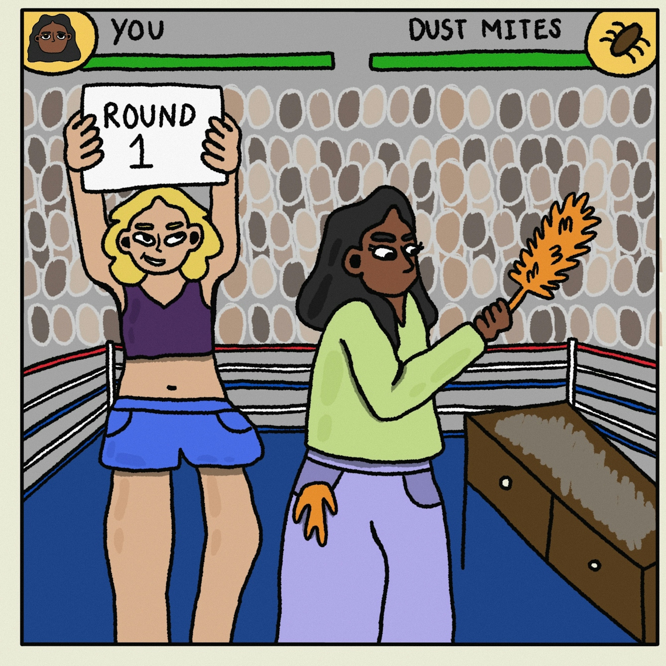 Panel 3 of a digitally drawn, four-panel comic titled ‘Last man standing’. It’s round 1 in a fight between your character and dust mites. With maximum energy, a duster in hand and a microfibre cloth in your pocket, you begin cleaning.