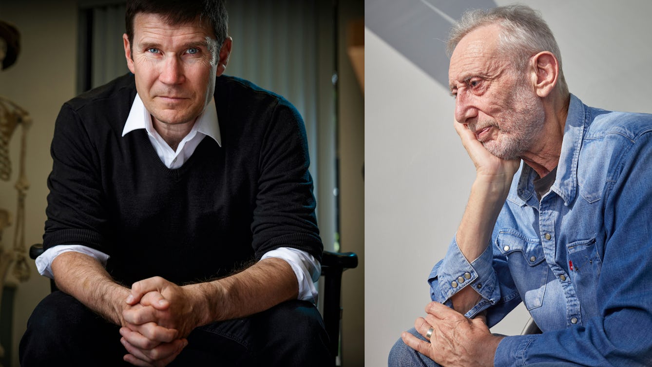 Two portraits, side by side, on the left shows Doctor Gavin Francis leaning forward on his desk chair looking intently into the camera. On the right is a portrait of Author Michael Rosen, seated side on with his head in one hand.