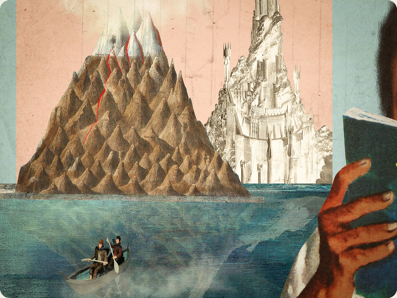 Detail from a larger mixed media digital artwork combining found imagery from vintage magazines and books with painted and textured elements. The overall hues are pastel blues, pinks and greys with elements of harsh reds and greens. The artwork shows a seascape with 2 large mountains on the horizon, one is a representation of the eye of Sauron from Lord of the Rings. In the ocean below is a small row boat containing two characters holding paddles. These characters resemble Frodo and Sam, also from Lord of the Rings.