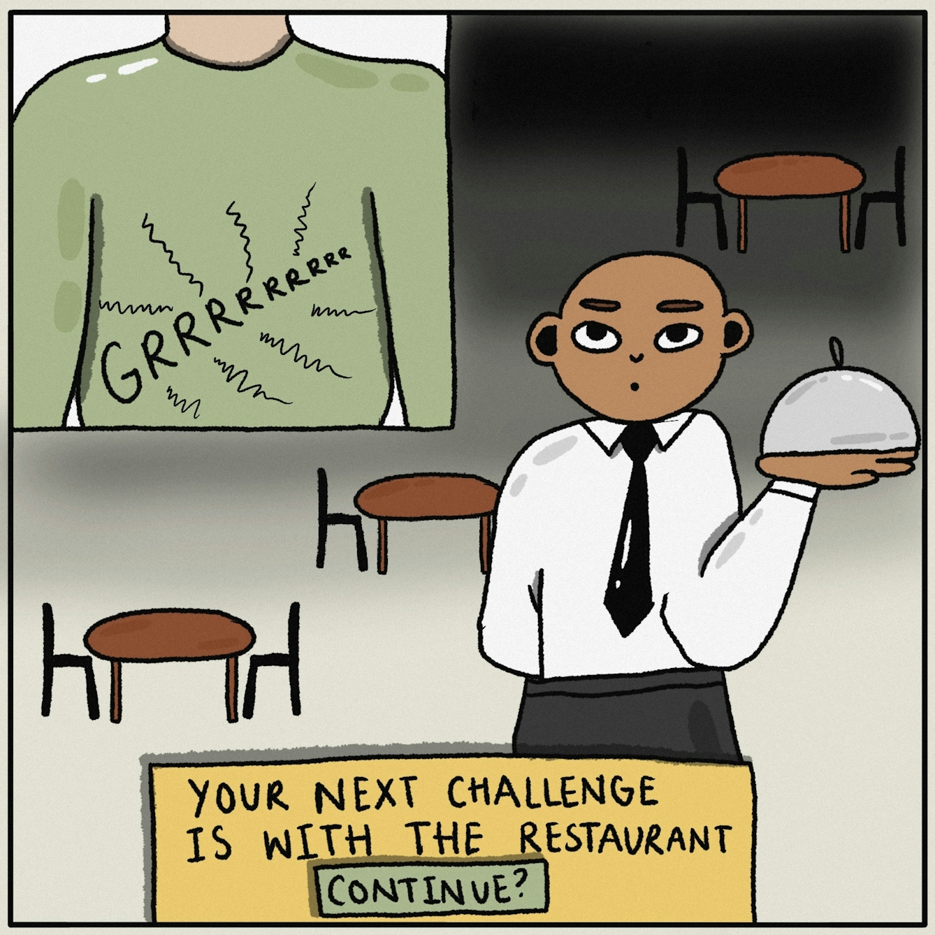 Panel 3 of a digitally drawn, four-panel comic titled ‘Ragequit’. Your stomach is rumbling loudly as you sit in a restaurant. A yellow box and the bottom reads: “Your next challenge is with the restaurant. Continue?” 
