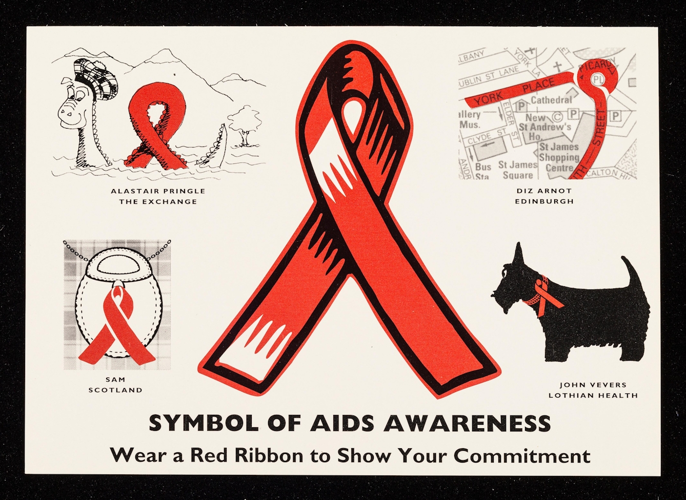 Postcard in black, white and red showing various scottish symbols with red ribbons, the symbol of aids awareness, picked out on them. There is a sporran, a loch ness monster, a map image of Picardy Place roundabout, and a Scottish terrier with a red collar. 