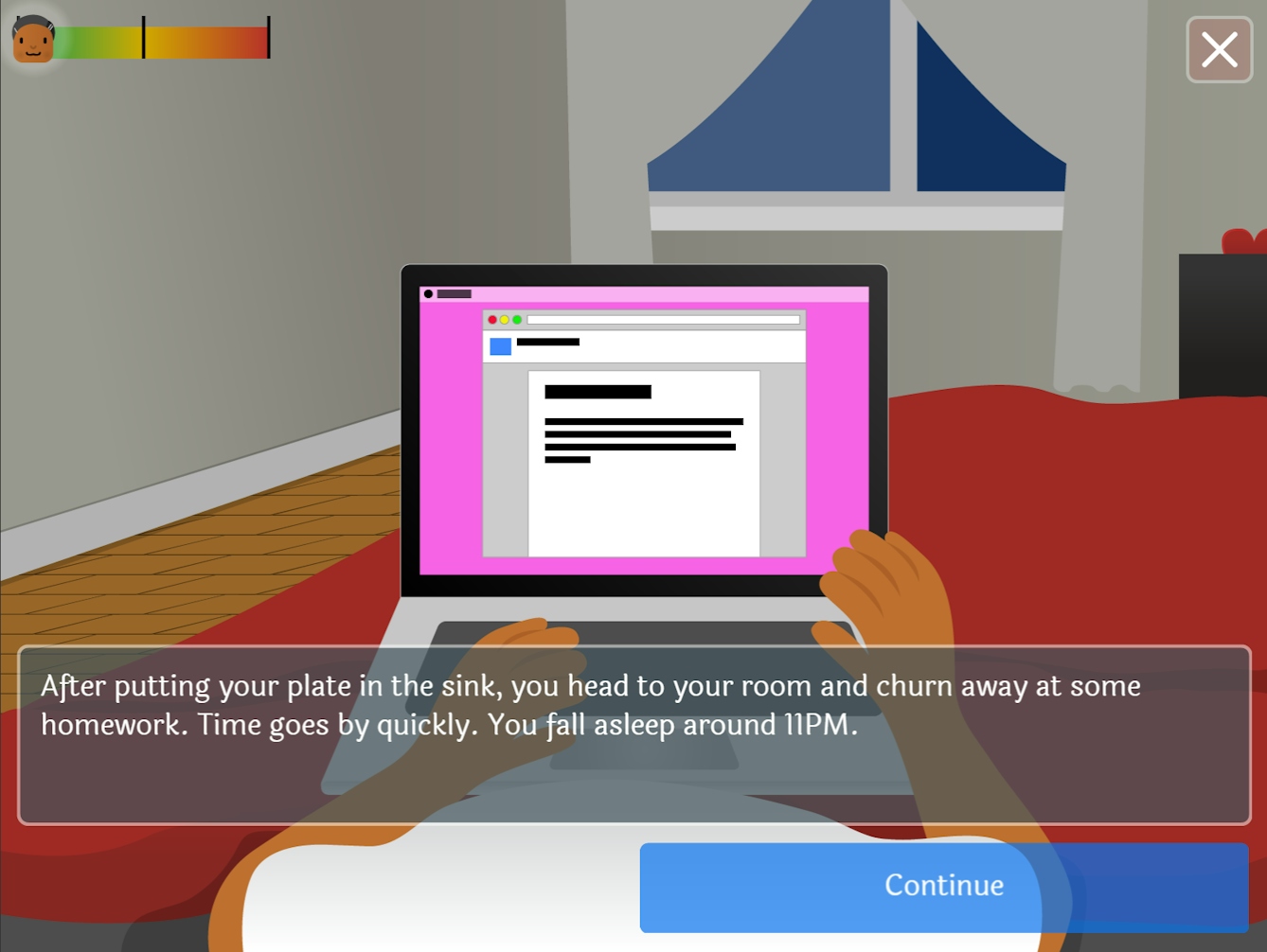 A screenshot of a video game, showing the torso and arms of a young woman lying down, looking at her laptop. 