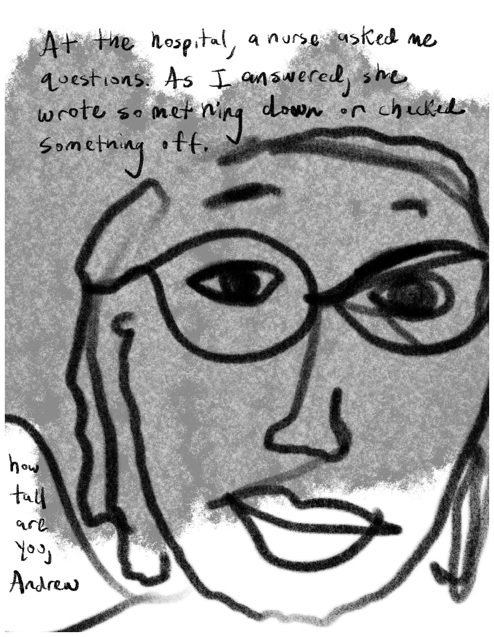 Panel three of a four-panel comic called 'From psychotic to patient', consisting of thick black line drawing and hand written text against a grey and white mottled background. The crudely drawn head of a woman fills most of the panel. She has glasses and shoulder-length hair. She is looking directly at the viewer. A speech bubble coming from her says "How tall are you, Andrew". Text at the top of the panel, above her head reads "At the hospital, a nurse asked me questions. As I answered, she wrote something down or checked something off."