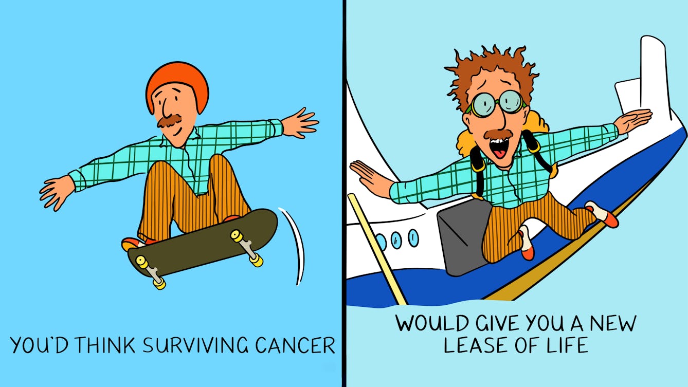 Panels 1 and 2 of a four-panel comic, drawn digitally. In panel 1, a white man with a moustache, corduroy trousers and a plaid shirt wears a bright orange helmet and a smile as he leaps into the air on a skateboard. The caption text reads "You'd think having cancer..." In panel 2, the man is shown leaping from an aeroplane with a parachute backpack, goggles and a terrified expression. The caption text reads "would give you a new lease of life..."