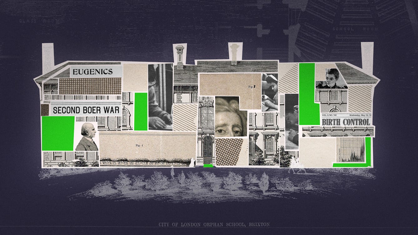 Colourful digital collage. Shown is a building, labelled 'City of London Orphan School, Brixton'. The building's interior is filled with different collage elements, including newspaper headlines reading 'Eugenics', 'Second Boer War' and 'Birth Control'. There are also black and white photos of Francis Galton, John Locke and Sidney Webb. The remainder of the building is filled with green and sepia shapes. 
