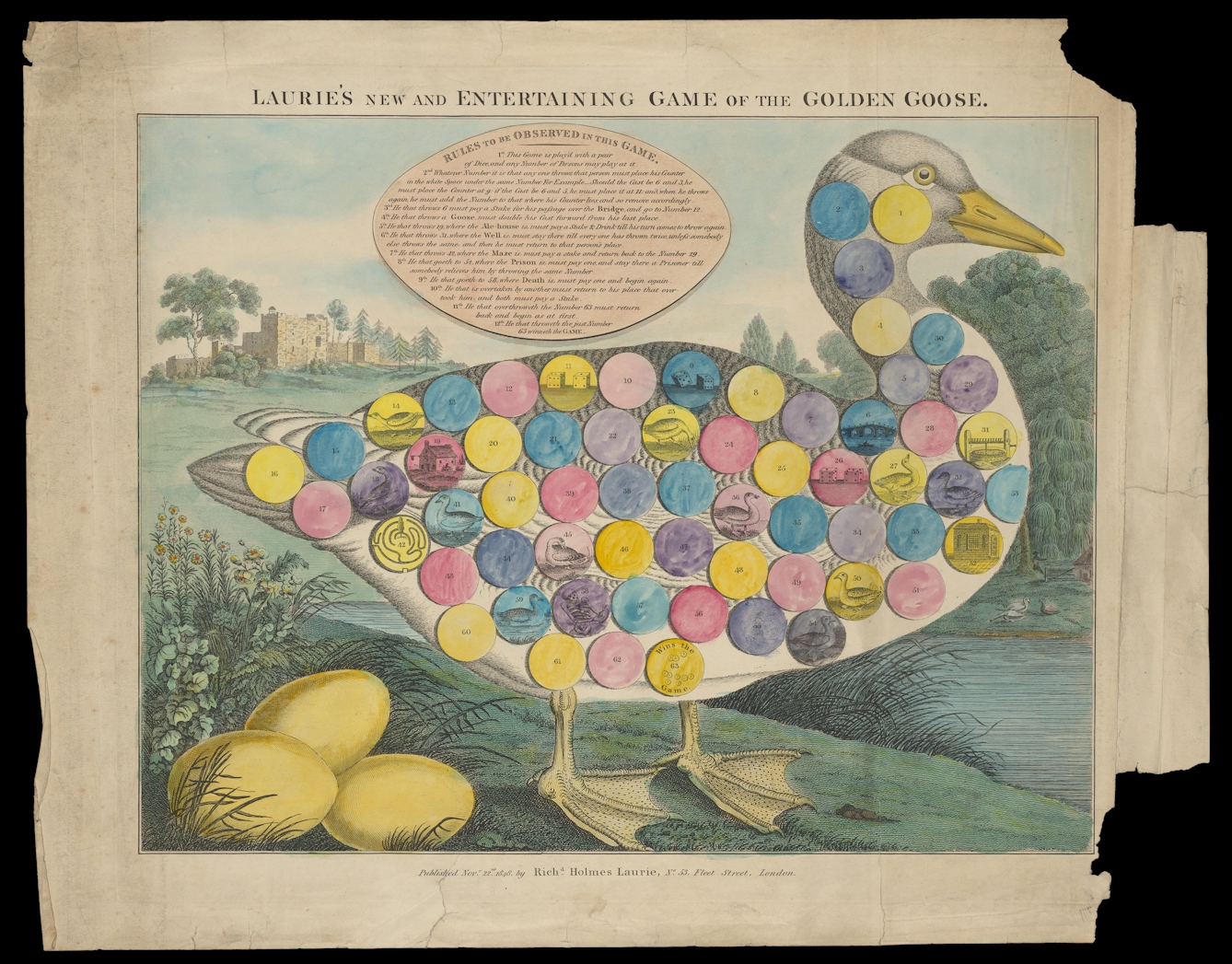 Photograph of a coloured engraving from 1848 depicting a large goose with three golden eggs. Numbered circles are printed on the body of the goose for playing the game of goose. 
