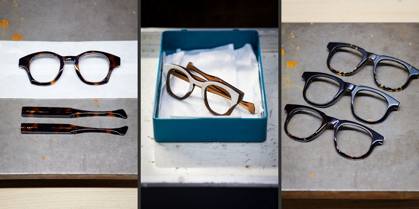 Photographic triptych. Each image shows the component parts of finished spectacle frames. In the centre image the spectacles are assembled, but in the images either side the arms have not yet been attached to the fronts.