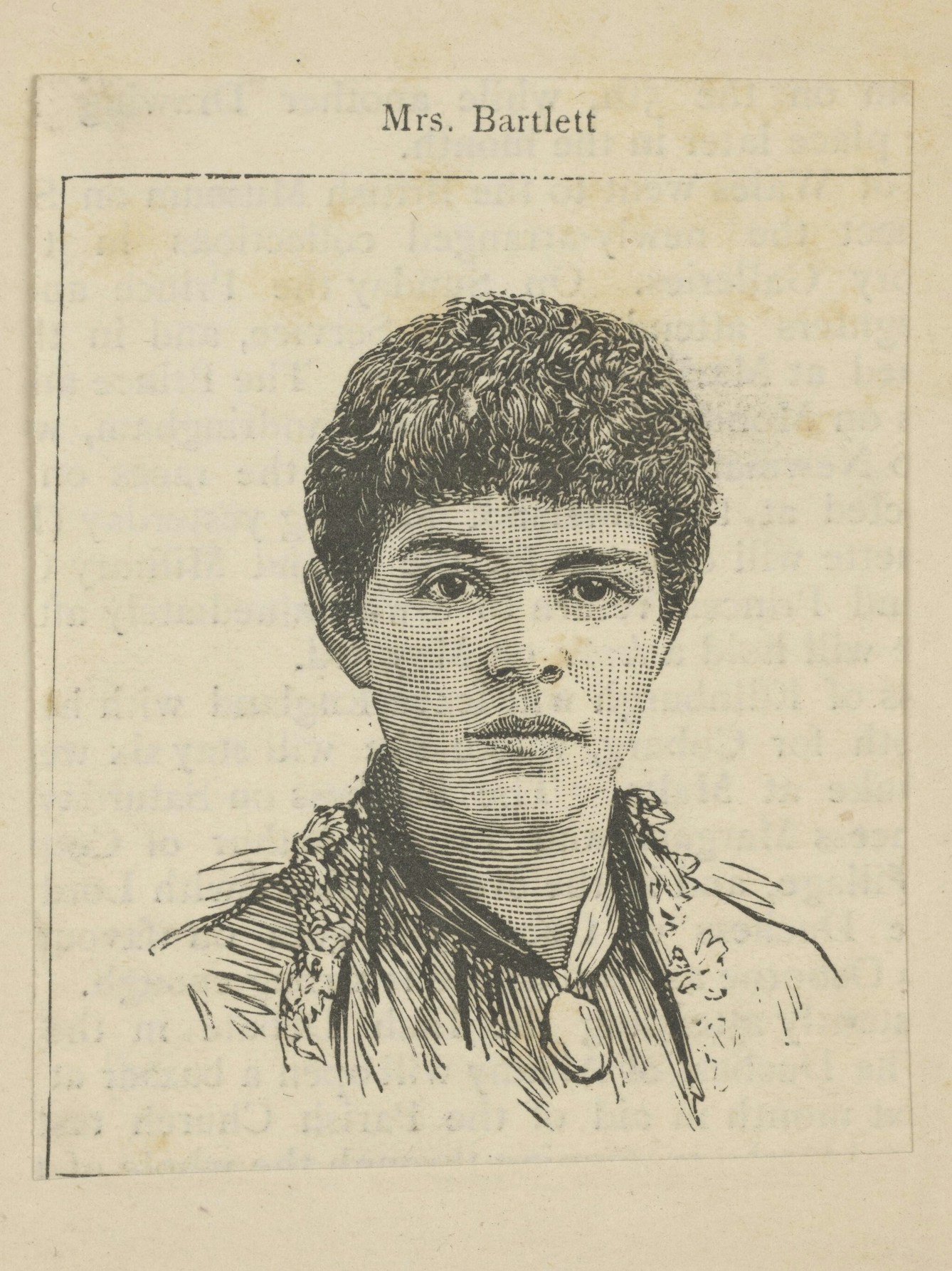 Black and white drawing of a young woman, showing head and shoulders