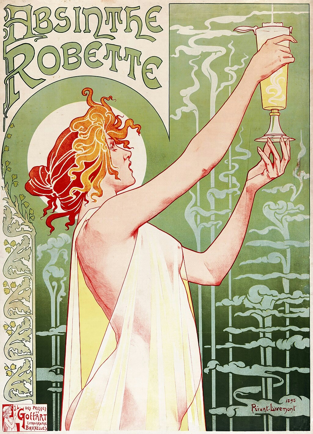 Illustration showing a naked woman against a green background. She is standing, her body loosely draped with see-through white cloth, and is holding a tall glass of absinthe aloft