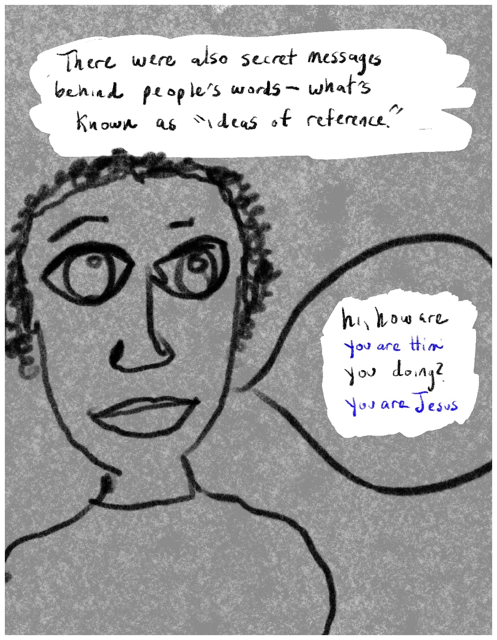 Panel 6 of a six-panel comic called 'Walled in by psychosis', consisting of thick black line drawing on a mottled grey background. A block of text at the top of the panel says, "There were also secret messages behind people's words - what's known as "ideas of reference". " The crudely drawn head and shoulders of a figure with large eyes and short curly hair fill most of the panel. A speech bubble coming from the figure says "[in black text] hi, how are you doing? [and in blue text beneath the black text] You are Him, You are Jesus " 