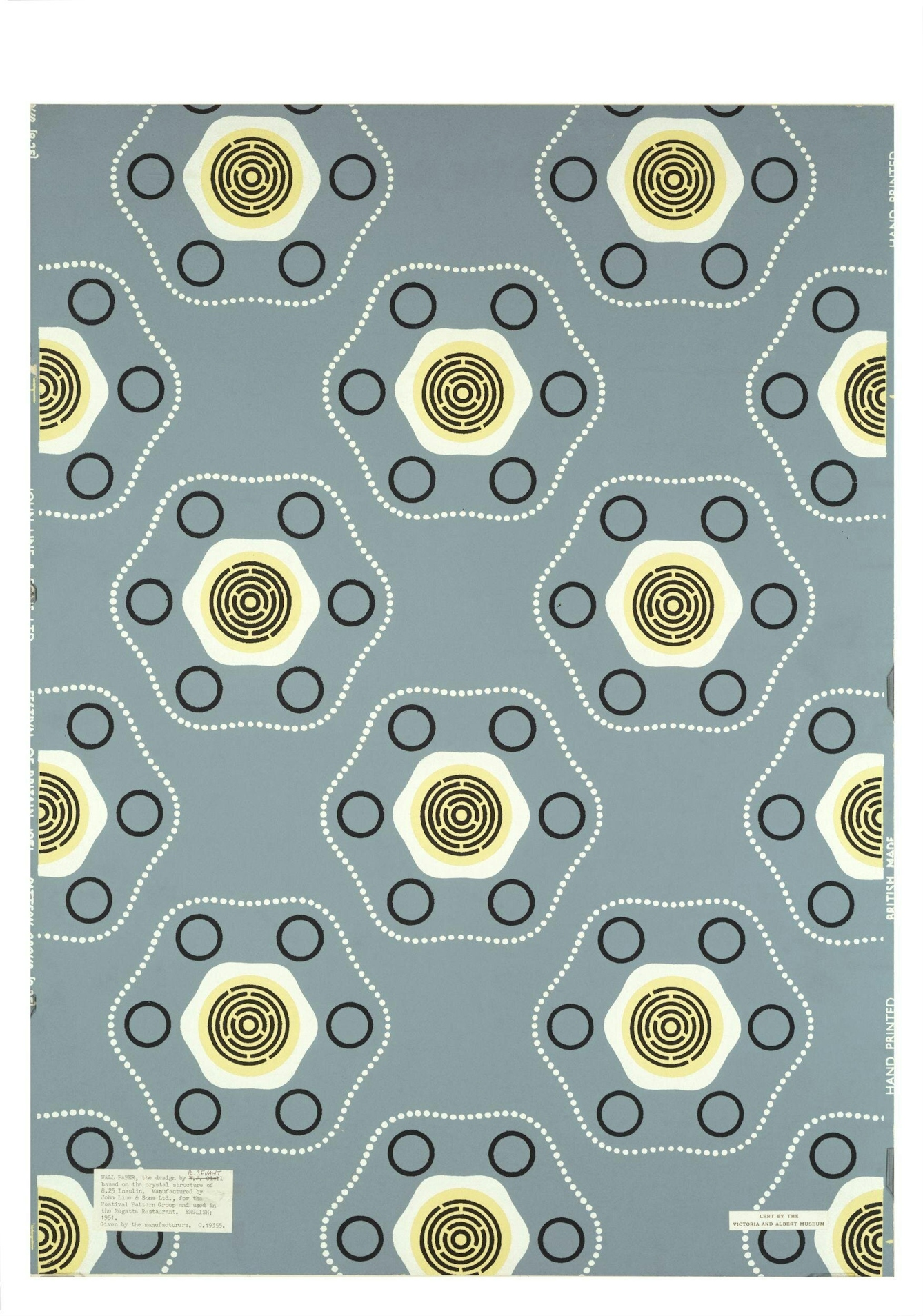 Portion of 'Insulin 8.25' wallpaper, a design based on the crystalline structures of insulin. Image shows a repeating pattern of circles and doted lines arranged in hexagons.