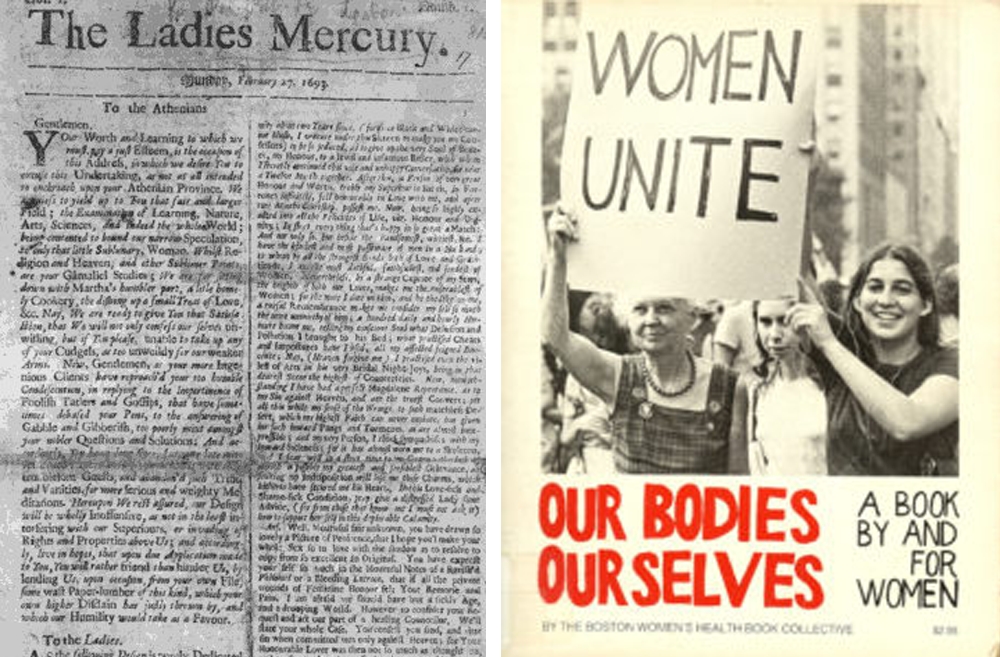Two images side-by-side. On the left is the cover of The Ladies' Mercury, a black-and-white printed document from 1693. On the left is the cover of the book Our Bodies, Ourselves.