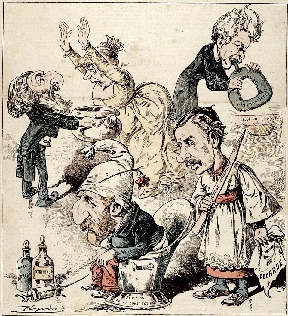 Top left, a woman vomiting into a bowl. Top right, a man inflating a rubber ring (inscribed "L'intransigeant") to protect from the effect of haemorrhoids when sitting on the seat marked "Siège de Deputé". Below left a man seated on a close-stool marked "Révision de la Constitution", with bottles of morphine and silver nitrate close by. Bottom right a clergyman holding a candle marked "cierge camphre" and a cloth marked "la cocarde".