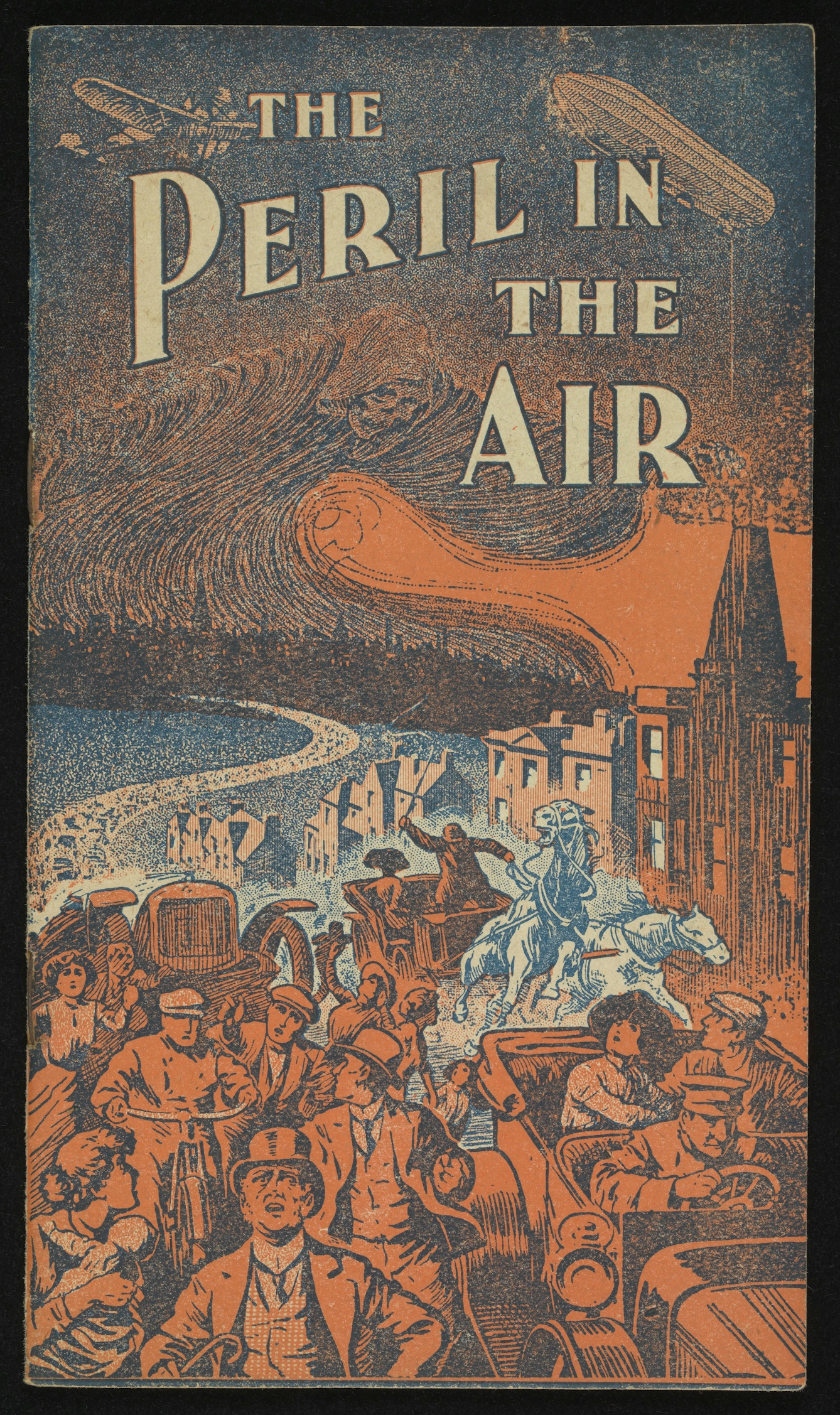 A poster, in dark red and blue tones, showing a stream of people fleeing a city; the air is filled with smoke, and a zeppelin and a plane fly overhead.
