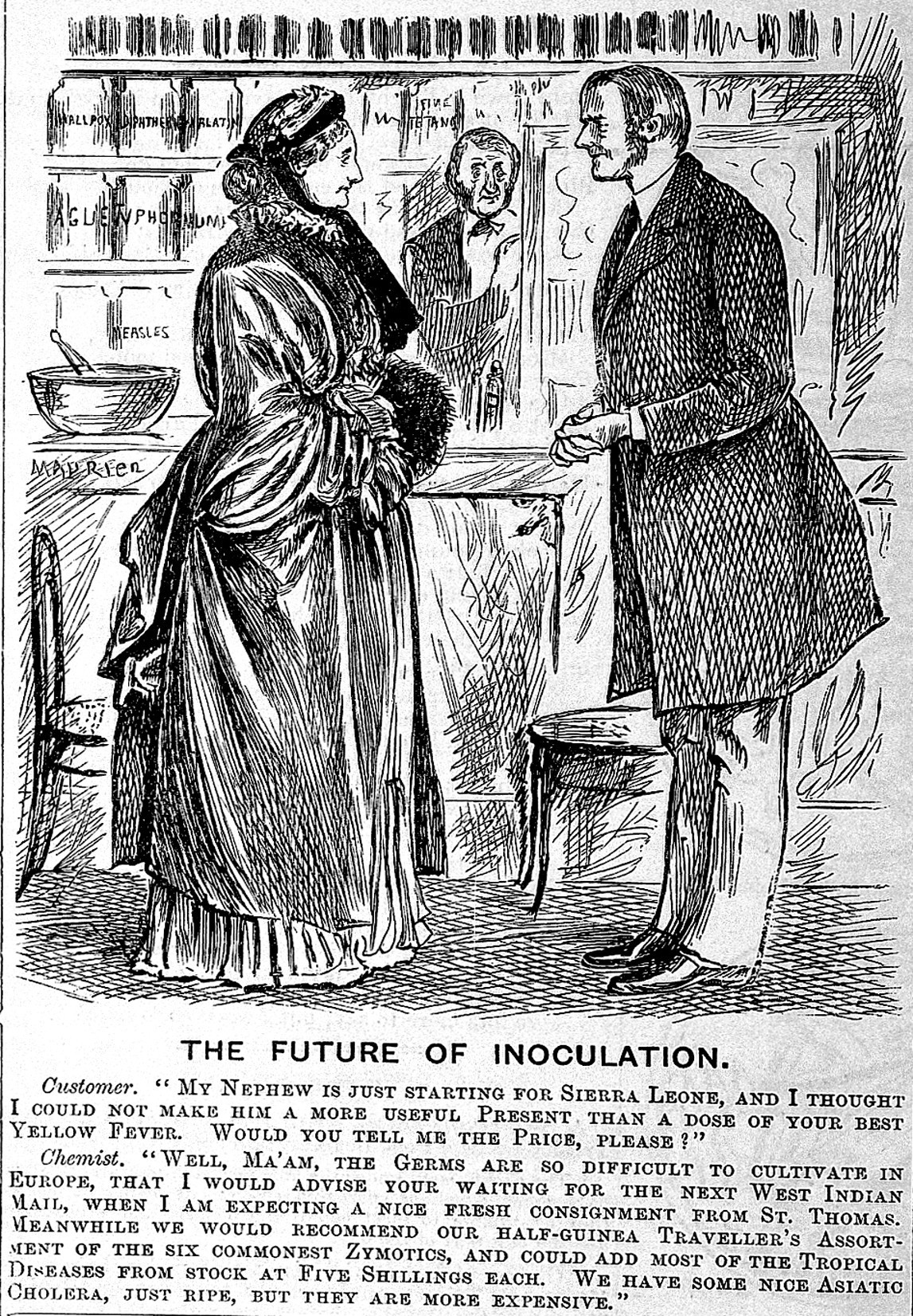 Image of monochrome ink sketch depicting a man and a woman at a shop