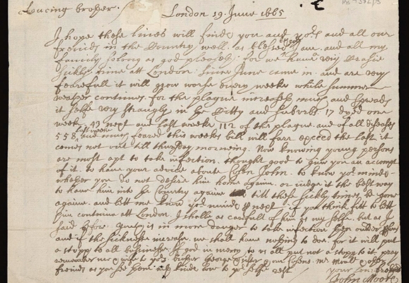 Cropped page of a letter headed "London 19 June 1665" and written in ink by a curly hand. Numbers in the mid-part of the letter refer to the rising numbers of people in the city who had died or been infected with the plague.