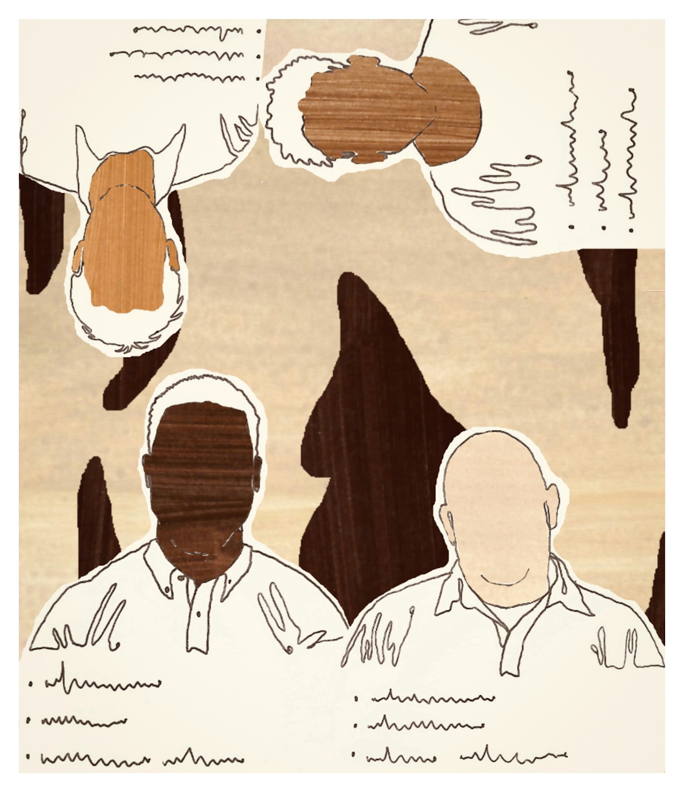 Digital artwork made up of collage elements, line drawing and textured patterns.The artwork depicts the outlines of 4 male figures with squiggly lines beneath them suggesting a bullet pointed list of text. Their faces have no features, but they are all different shapes and sizes and skin tones. 2 of the men are the right way up along the bottom edge of the frame. The other two are rotated against the right hand edge and top edge, upside-down.The tones of the artwork are creams, rusts and browns.