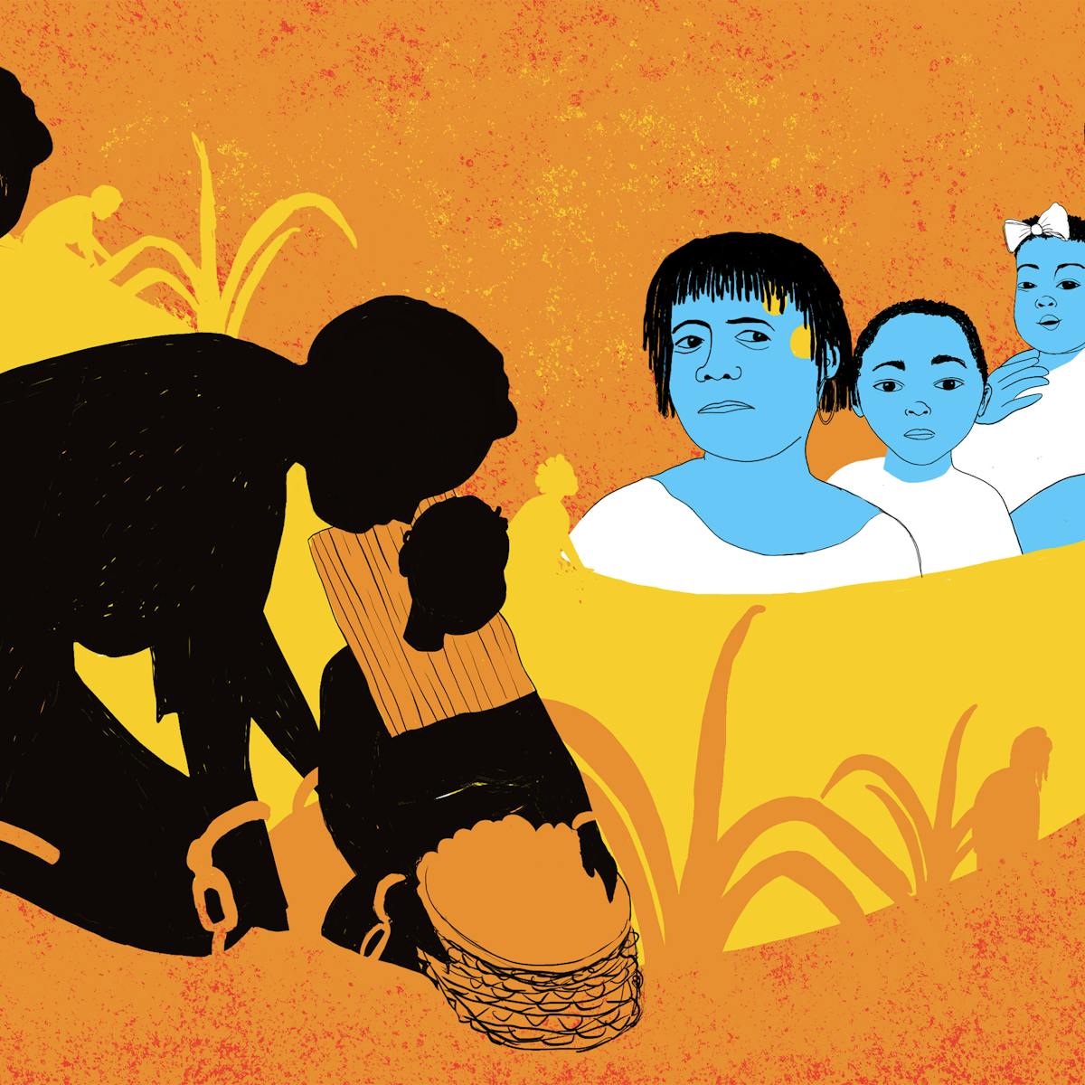 On the left are three black silhouettes of two adults and a child who are enslaved. They are in chains and engaged in agricultural activities. Separately, on the right is a family portrait with three children, an older woman and a man. Some of them are looking towards the people working on the plantation. Everyone in the illustration is connected along a bright yellow path which suggests a sense of connection between them all. Elements of flora and a deep orange background add to the rural setting.