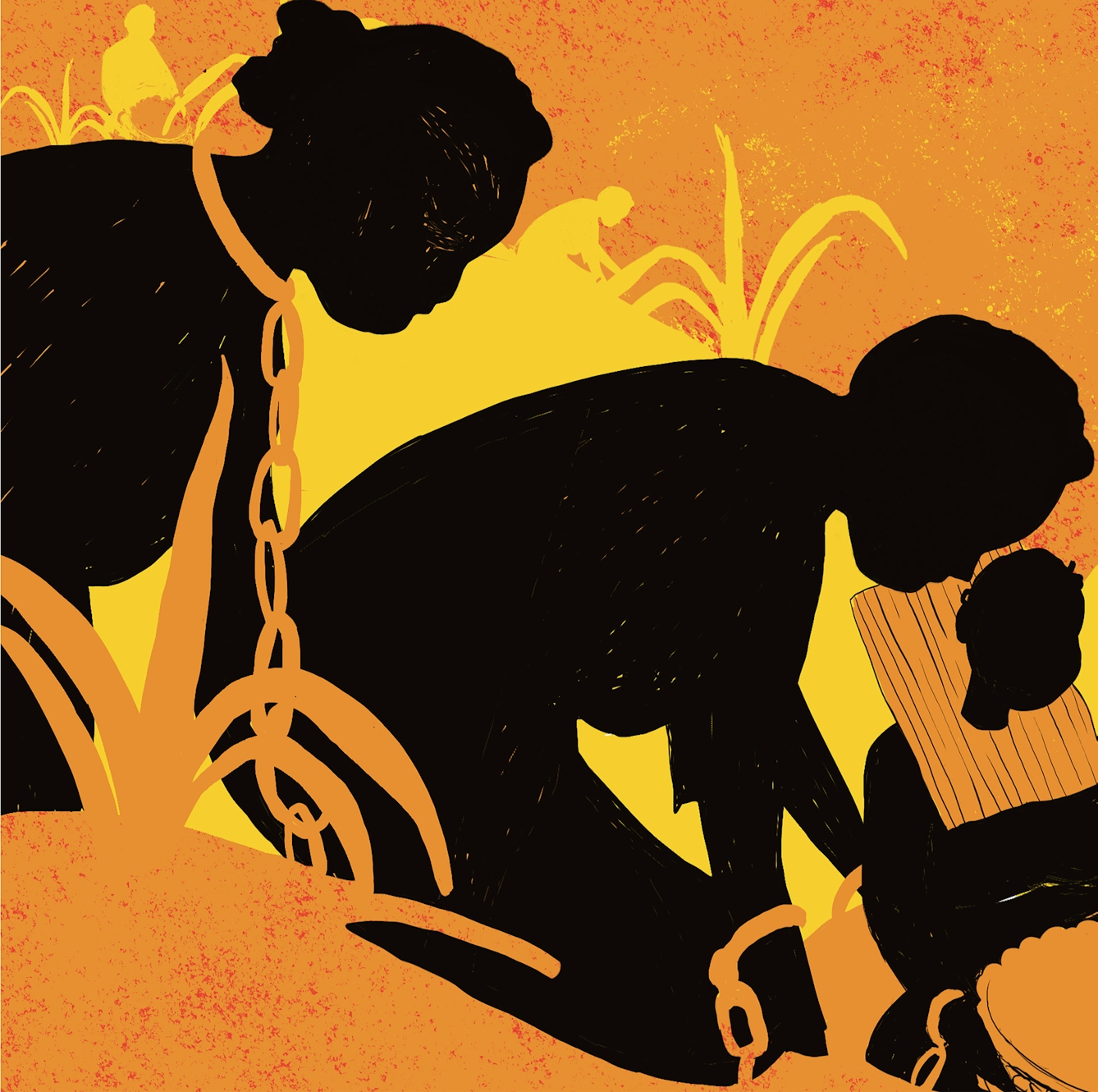 Three black silhouettes of two adults and a child who are enslaved. They are in chains and engaged in agricultural activities.