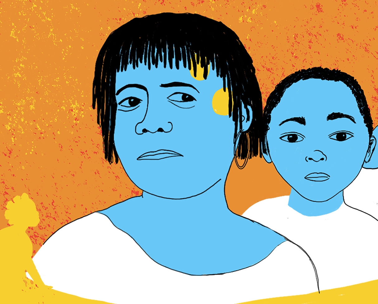 A digital illustration of two children with a neutral expression, facing the screen. They have short, black hair, and are against an abstract yellow and orange splattered background. At the bottom left is a yellow silhoutte of a person looking up at them.