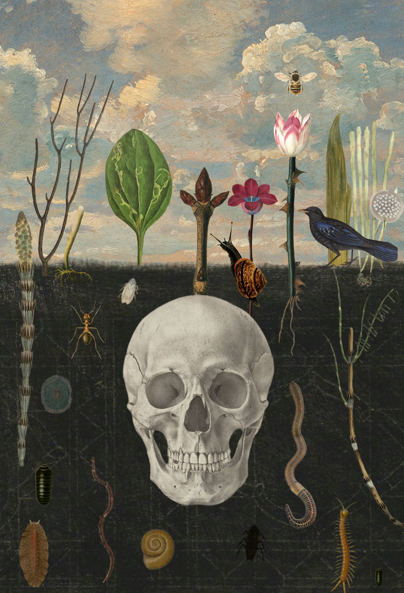 A digital art piece, showing a skull against a backdrop of earth and sky. Beneath the horizon, among the earth, an array of insects and roots are shown including worms, slugs, snails, and ants. Above the horizon, including leaves, flowers, saplings are shown alongside a bird and a bee.