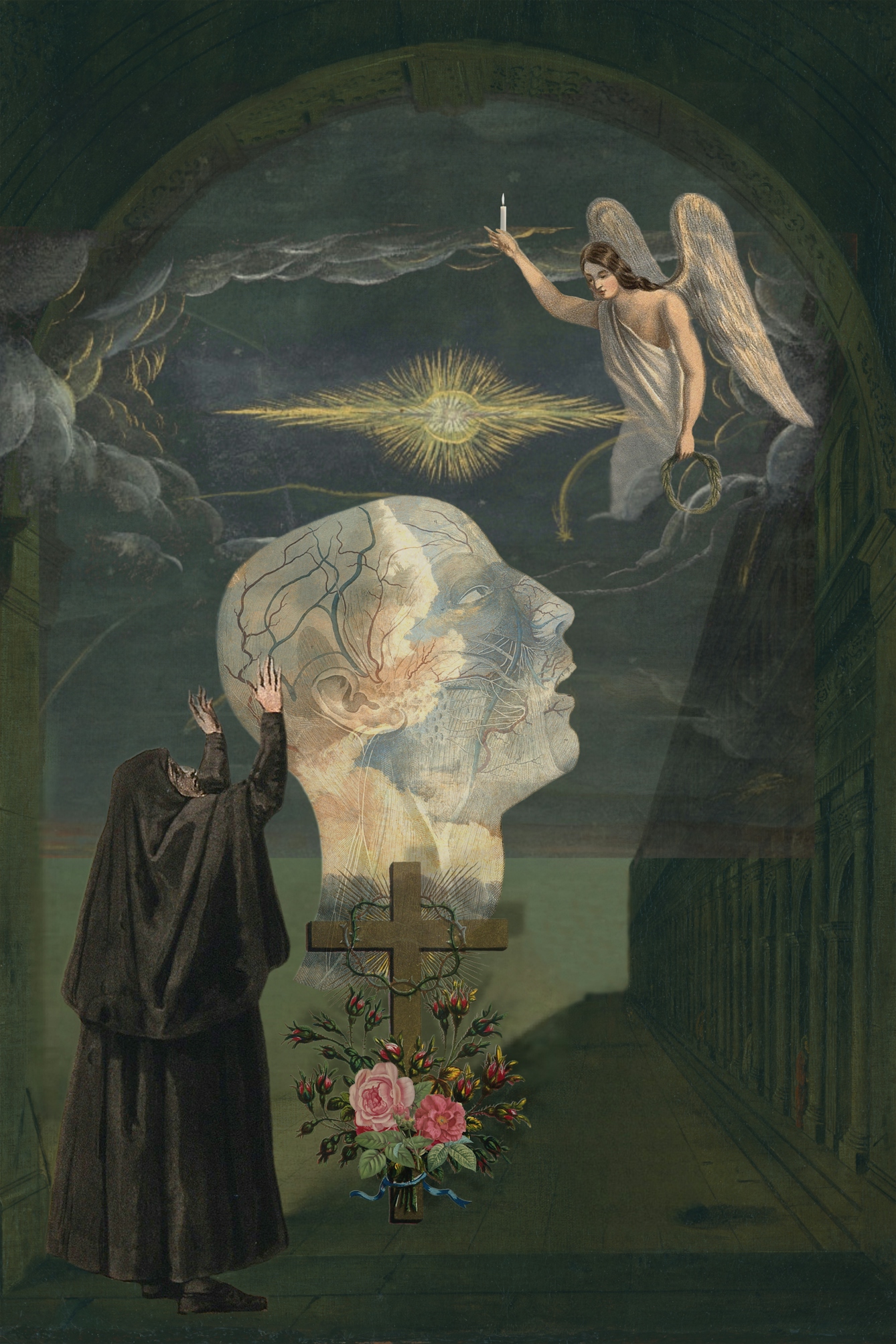A digital art piece showing a painting-like scene in which a nun raises her hands to an winged angel holding a candle in the sky. Between these two is a cross-shaped headstone beset with flowers and thorns, and the profile of a large transparent head illustrated with vein-like textures. The backdrop is a landscape seen from within an archway, and radiating light from a large central star.