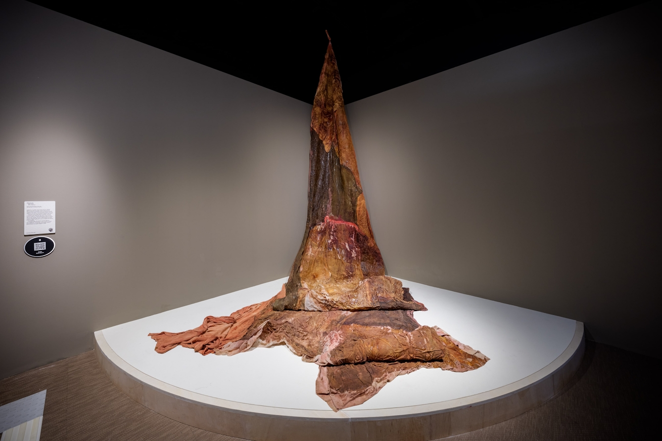 A tapestry hanging from the ceiling made from fabric, latex, tap water and salt.