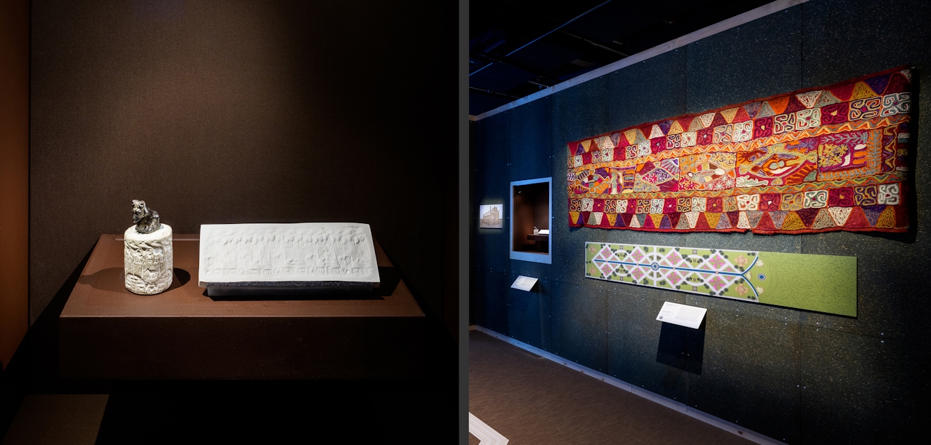 Photographic diptych. On the left is a cylinder seal with corresponding relief in plaster and on the right is a colourful wedding blanket and garden plan.