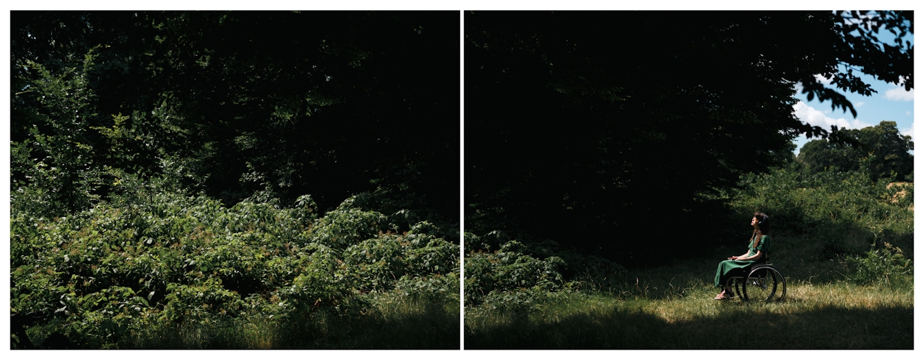 Diptych creating a panorama of a parkland scene in which a shaft of sunlight streams down over a young woman seated in a wheelchair, who is wearing headphones, eyes closed, face raised to the light.