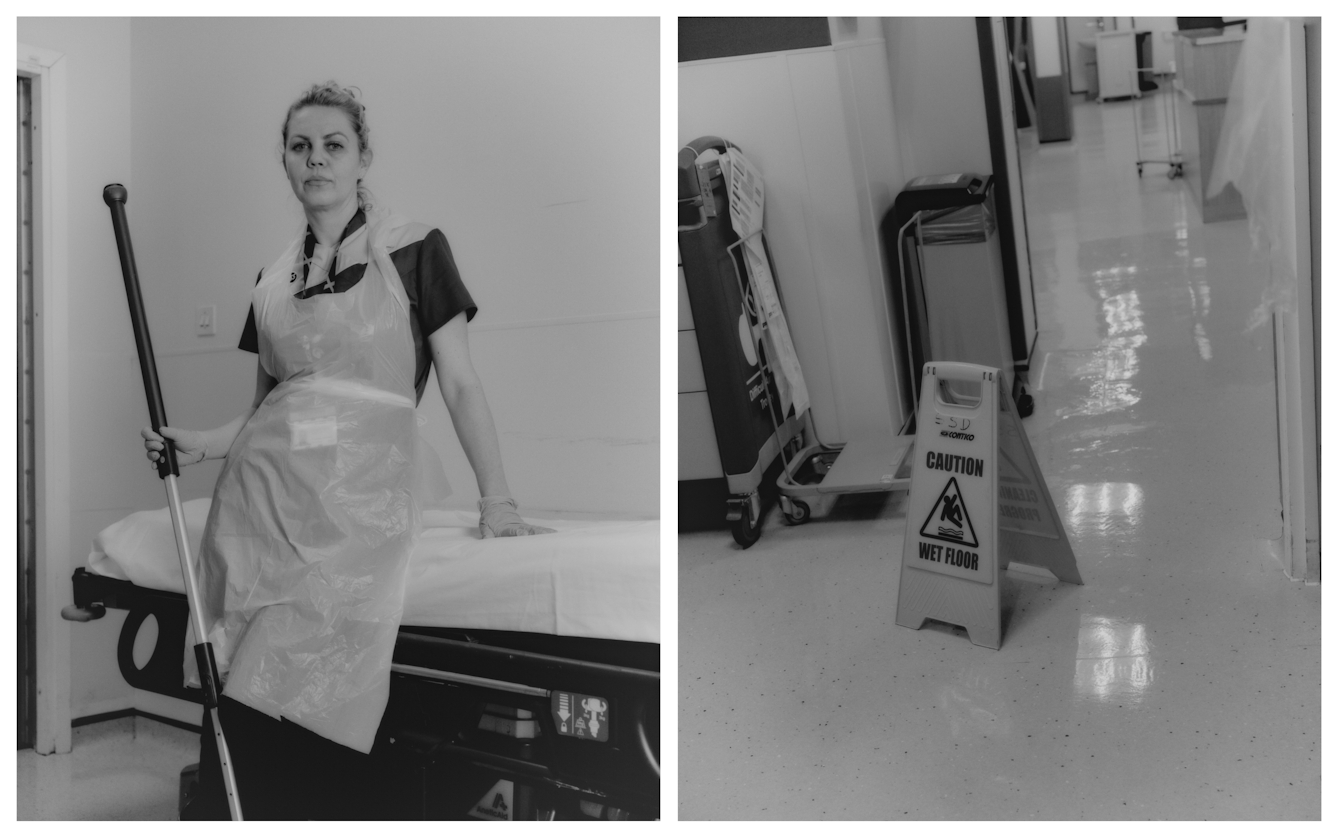 Black and white photographic diptych of a woman cleaning areas of a hospital at night. On the left she stands, leaning on trolley bed, mop in hand, looking straight to camera. On the right is a hospital corridor, shinning, having just been mopped, a caution wet floor sign standing in the middle.