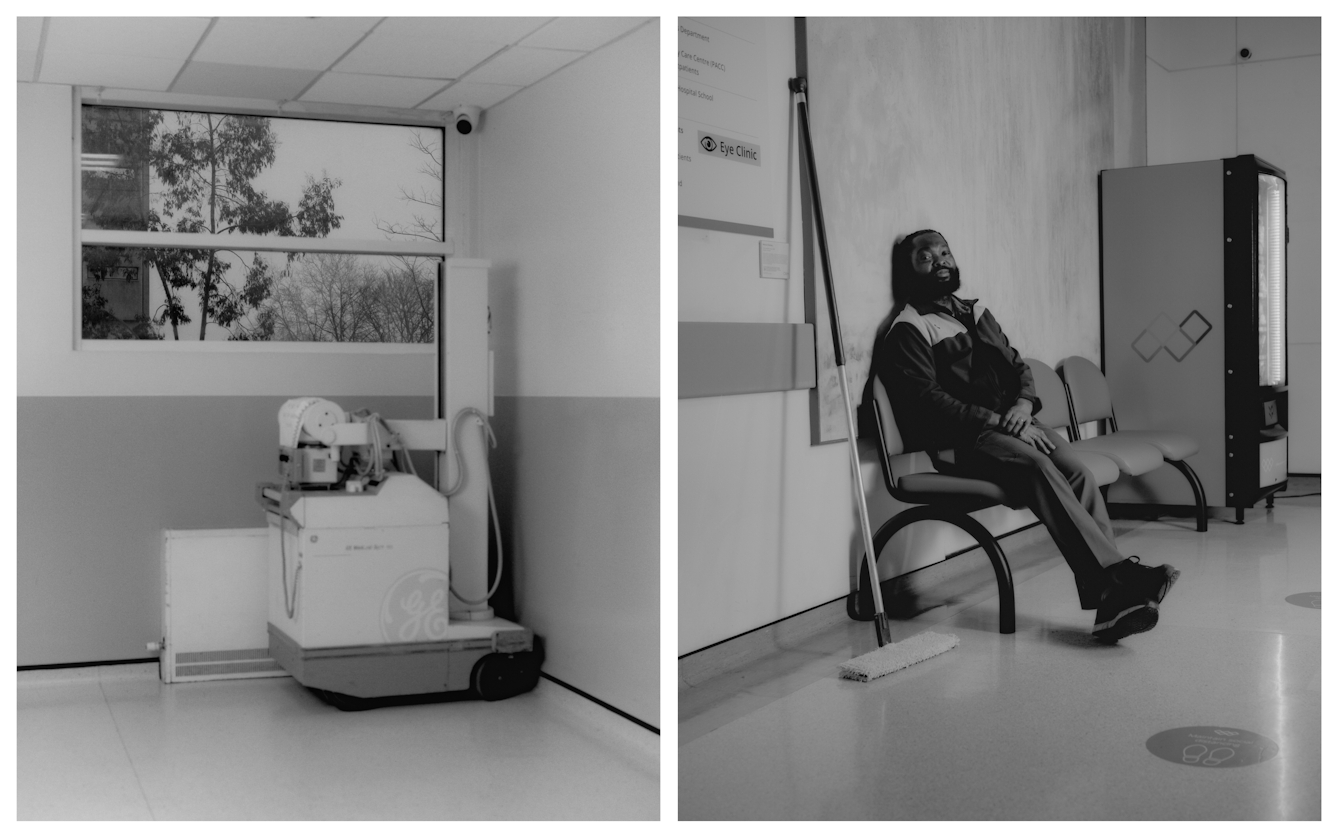 Black and white photographic diptych of a man cleaning areas of a hospital at night. On the left is a clean corner of the hospital, where a large piece of machinery is parked by a window through which trees can be seen. On the right the man sits on a waiting area bench, ankles crossed, head resting on the wall behind. He gazes quietly into the camera. Beside him, his mop leans against the wall.
