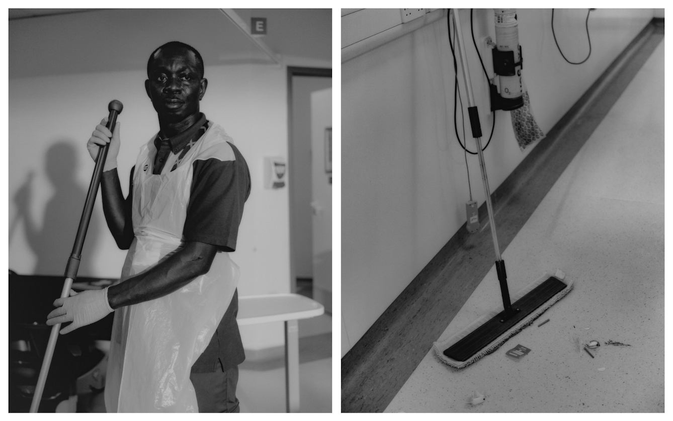 Black and white photographic diptych of a man cleaning areas of a hospital at night. On the left he stands in a shaft of light, mop in hands, with a calm confident expression as he gazes into the distance. On the right a detail of his mop head on the floor, with the clutter of objects his last brush strokes have collected.