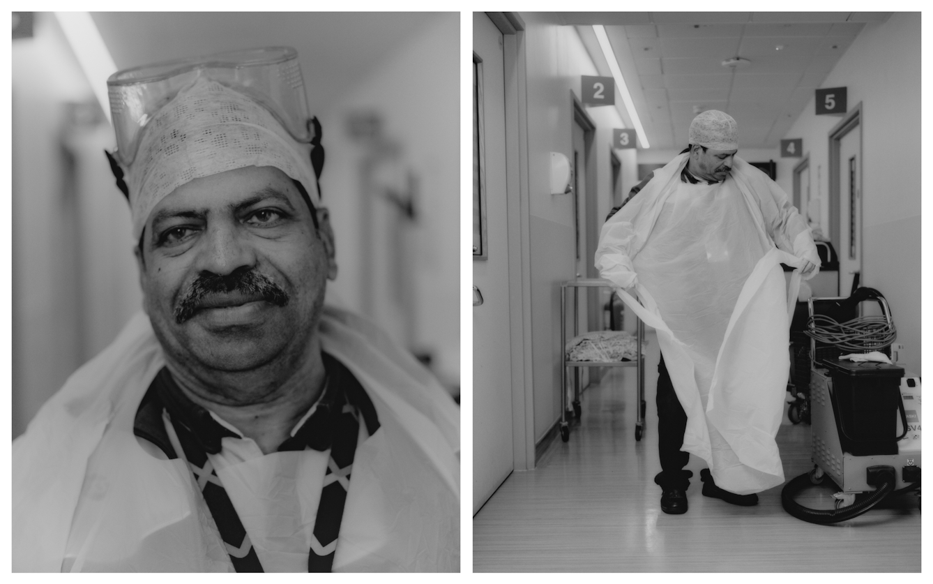 Black and white photographic diptych of a man cleaning areas of a hospital at night. On the left the man's head fills the frame, smiling gently. He wearing a hair net and has a set of eye protection resting on top. On the right he is pictured full length in a hospital corridor, donning a large white protective overall. Beside him its a large steam cleaning machine.