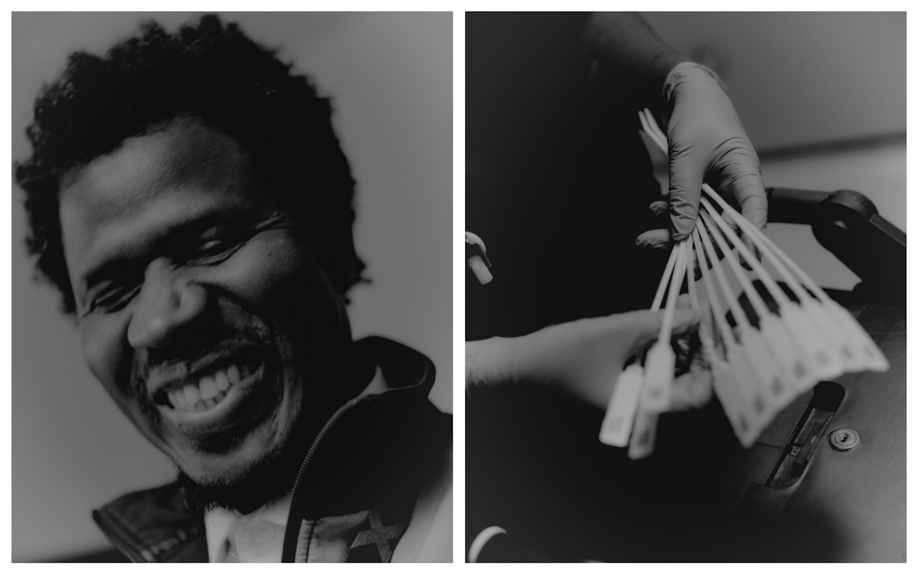 Black and white photographic diptych of a man cleaning areas of a hospital at night. On the left the man's face fills the frame, he has a broad smile and is slightly blurred as he moves with laughter. On the right is a close-up of his hands holding a series of cable tie tags which fan out.