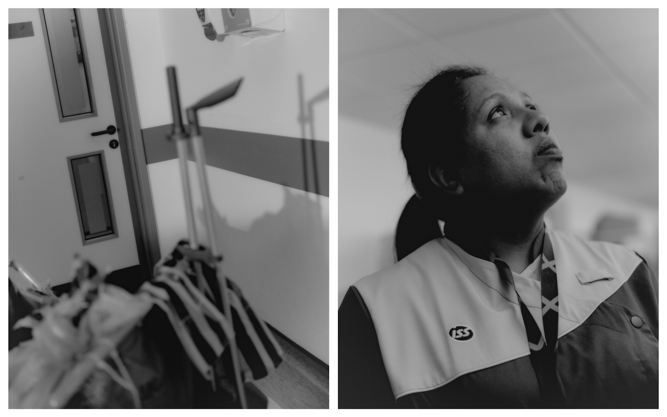 Black and white photographic diptych of a woman cleaning areas of a hospital at night. On the left is an out-of-focus detail of her cleaning trolly showing the handles of her mops and brushes. On the right her head and shoulders fill the frame as she looks up to the right, as if inspecting the ceiling.