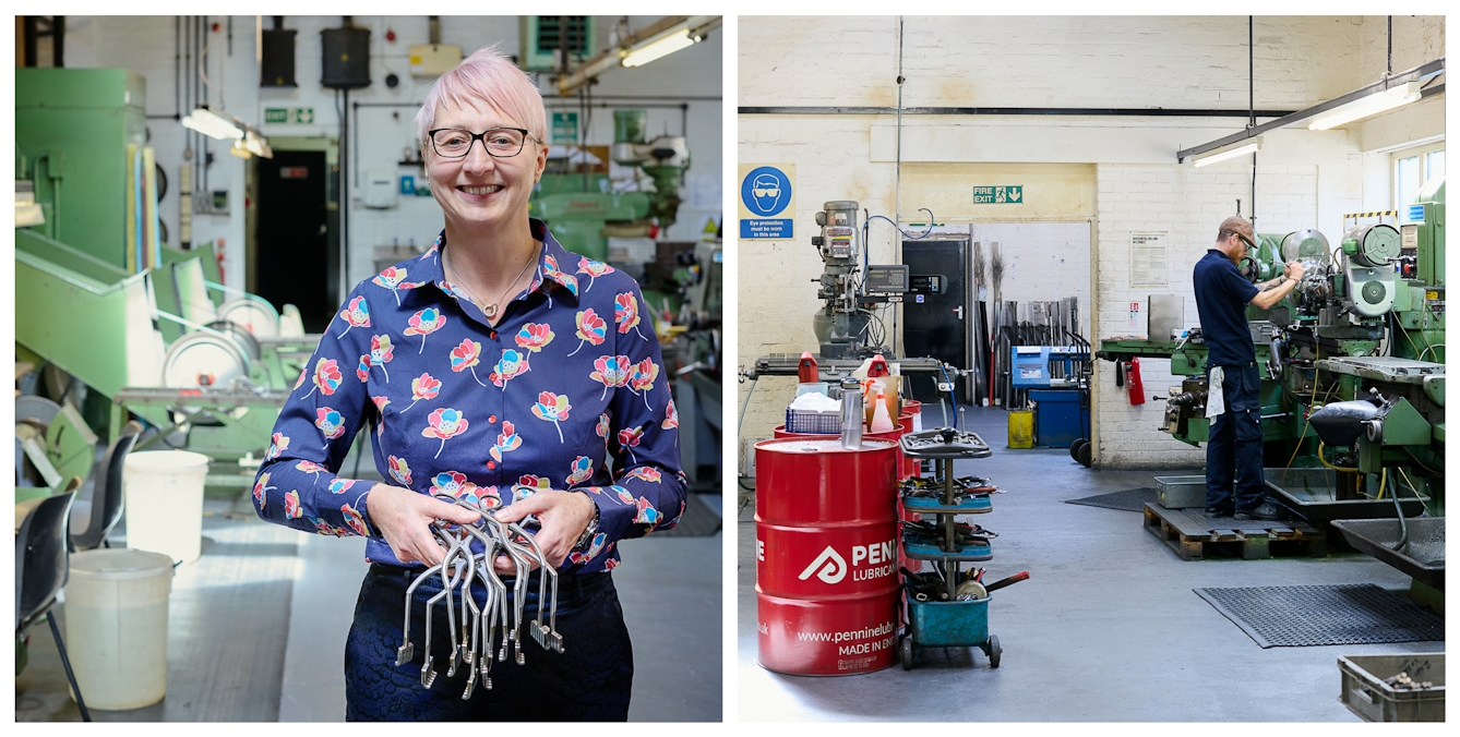 Photographic diptych showing on the left, Alyson Nisbett, director of Patts & Nisbett smiling to camera and holding a collection of finished stainless steel retractors. On the right a wide view of the factory shows a worker stood at a large industrial machine, surrounded by other machines and workshop tools.