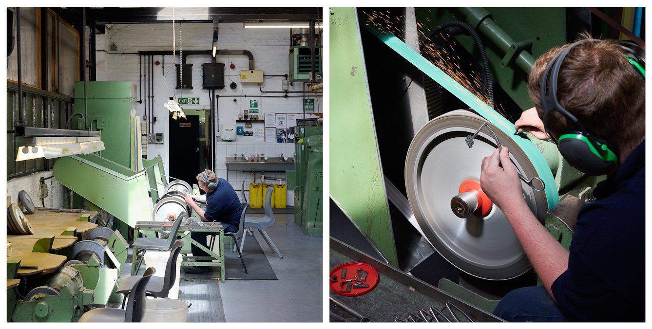 Photographic diptych showing an industrial factory setting. On the left a man sits at a belt mounted sander surrounded by other work stations. On the right a close-up of his hands shows him shaping a stainless steel surgical instrument.
