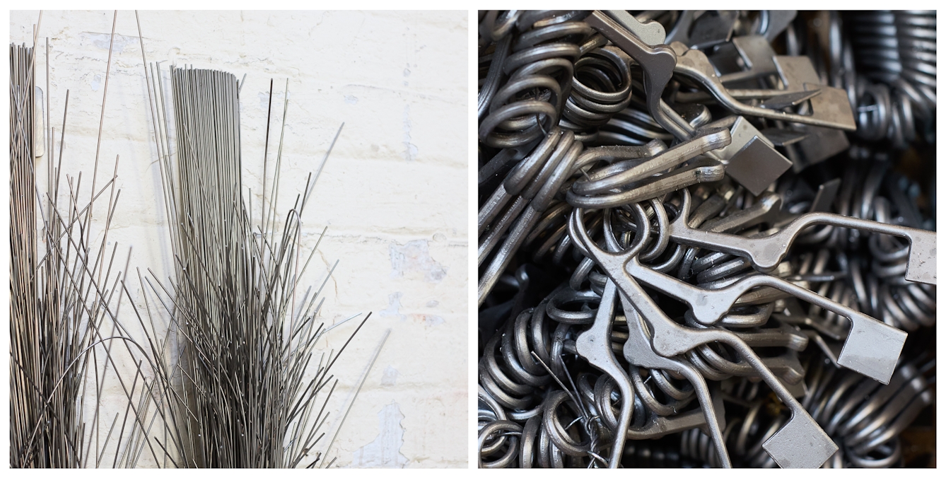 Photographic diptych showing the raw materials and constituent parts for making surgical instruments by hand. On the right are long thin strands of stainless steen metal, lend up against a white brick wall. On the right is a close-up of a container holding the 'blanks' from one side of a hinged instrument, ready to be worked by hand into a final implement.